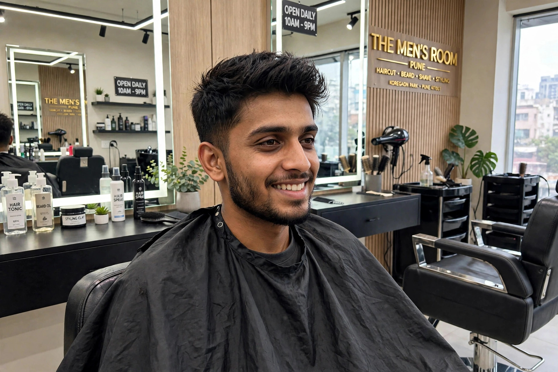 Same young man with a sharp styled haircut and confident smile after grooming