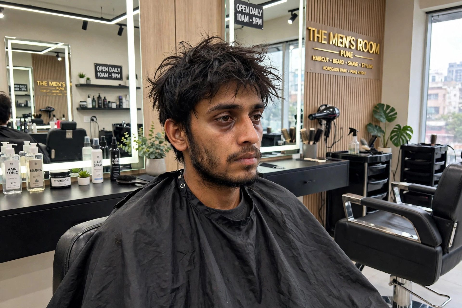 Young man with uneven grown-out haircut looking tired before grooming